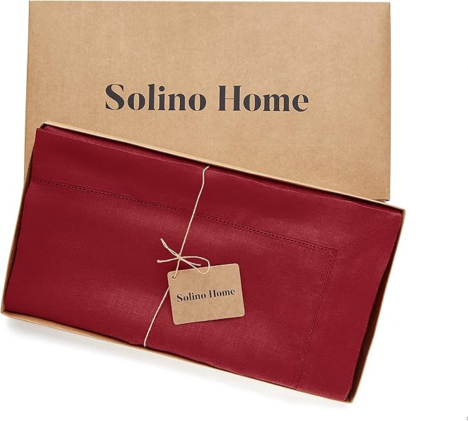 Solino Home Linen Red Tablecloth 60 x 90 Inch - Classic Hemstitch, 100% Pure Linen Rectangular Tablecloth - Machine Washable Table Cloth for Christmas, Holiday