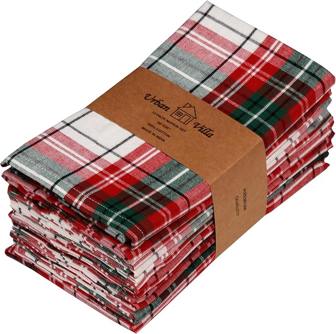 Cloth Napkins Set of 12, Christmas Checks Square 100% Cotton 20x20 Inch