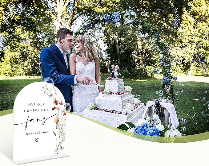 Boho Floral Wedding Fan Sign, 6 x 8 Inch White Arch Acrylic Wedding Sign with Holder, Wedding Sign for Ceremony and Reception, Wedding Decoration, Wedding Supplies - BX23