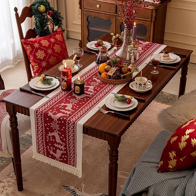 Table Runners 107 Inches,Elk Table Runner with Tassel Fringe,Christmas Table Runner for Party，Coffee Table, Festival