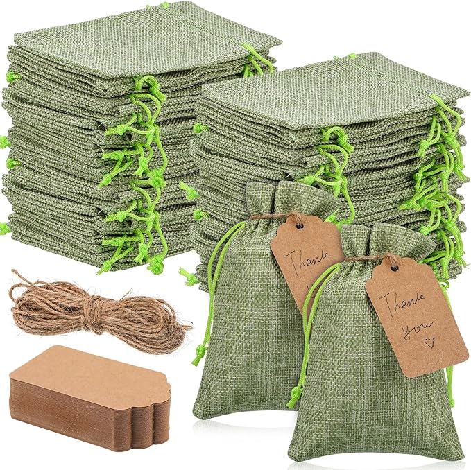 Burlap Gift Bags in Sage Green, 100 Pack with Drawstring