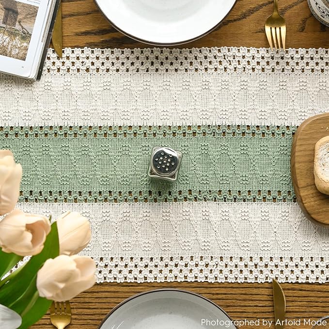 Artoid Mode Light Green Farmhouse Rustic Table Runner, Seasonal Holiday Hollow Kitchen Dining Table Decoration for Home Party Decor 12x72 Inch