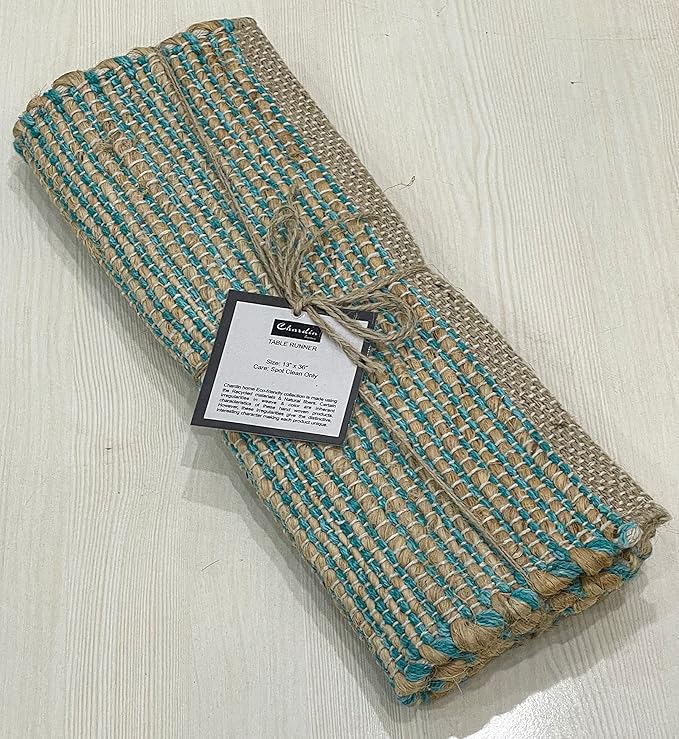 Chardin home Natural Jute Table Runner 13x48 Inch – Vintage Boho Rustic Table Decor – Handwoven Table Runner in Natural Jute and Aqua Turquoise – Farmhouse Dining or Console Table Accent