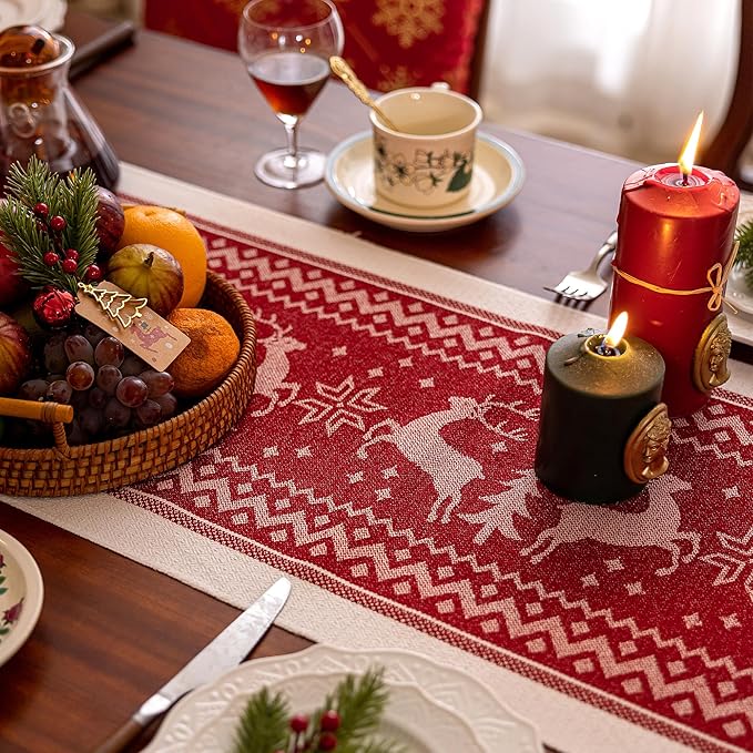 Table Runners 138 Inches,Elk Table Runner with Tassel Fringe,Christmas Table Runner for Party，Coffee Table, Festival