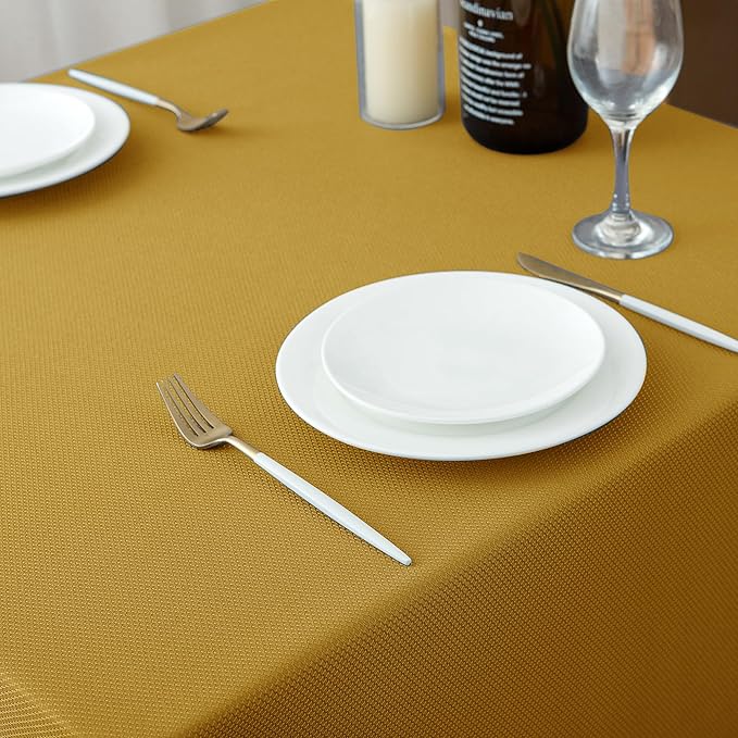 Biscaynebay Textured Fabric Christmas Square Table Cloth 90x90 Inches, Gold Water Resistant Tablecloths for Dining, Kitchen, Wedding and Parties etc. Machine Washable