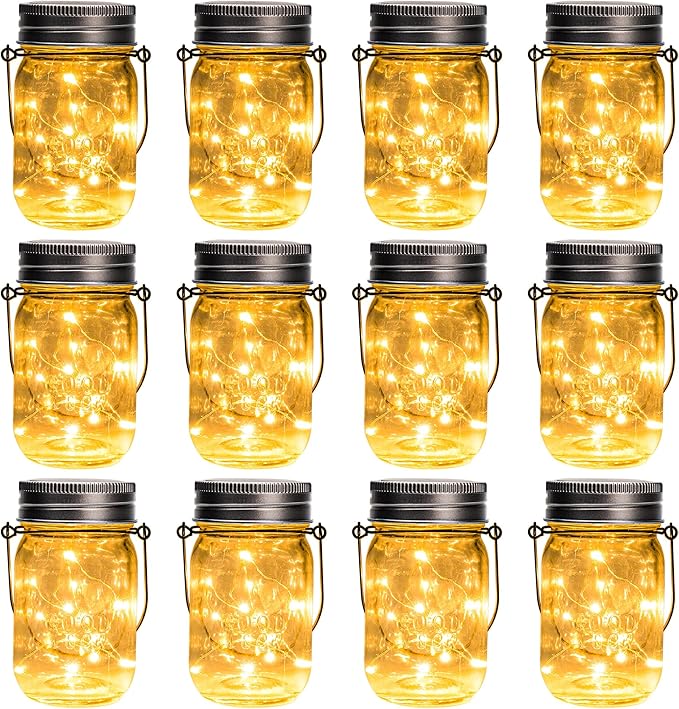 Mason Jar String Lights, 12-Pack Solar Lanterns with 30 LEDs Each