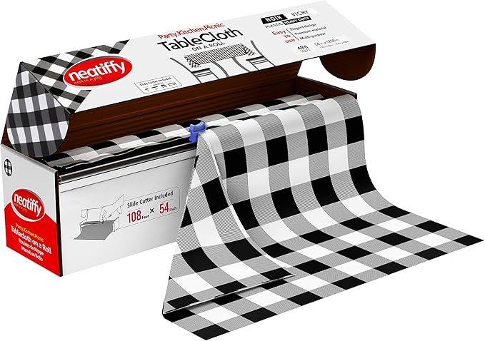 Tablecover Roll, Black Checkered Plastic, 54 x 1296 Inch with Slide Cutter