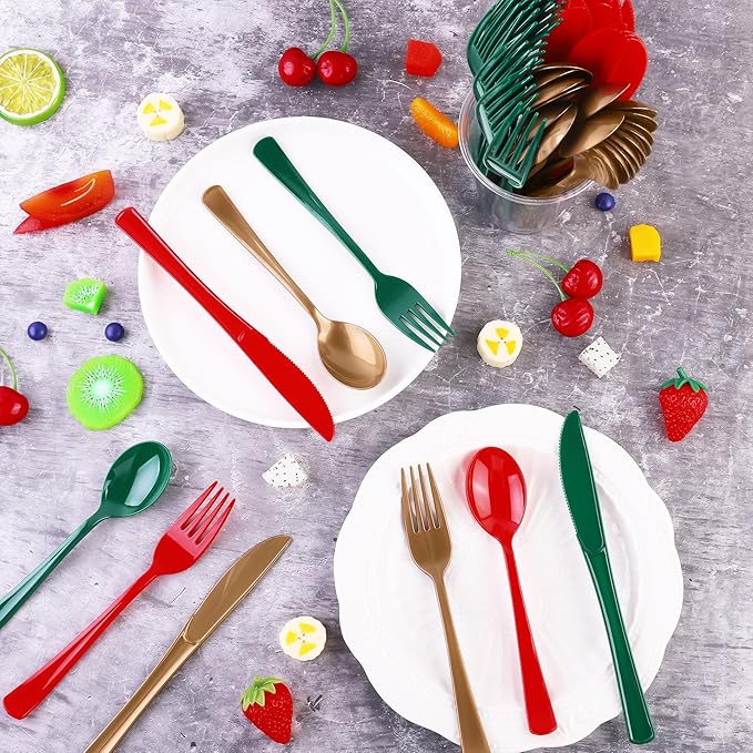 Christmas Plastic Silverware Set, 300 Pieces in Red, Green and Gold