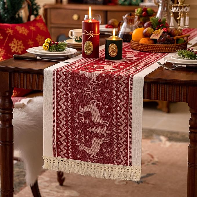 Table Runners 138 Inches,Elk Table Runner with Tassel Fringe,Christmas Table Runner for Party，Coffee Table, Festival