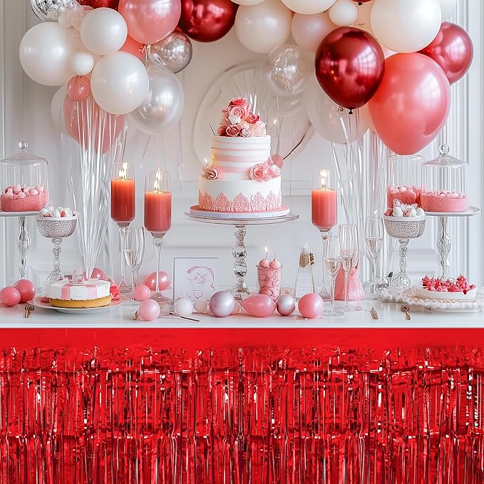 2 Pack Red Table Skirts, 29x108" Metallic Foil Tinsel Fringe Table Skirts for Rectangle Tables Streamer Curtains Backdrop, Party Decorations for Birthdays Weddings Holidays