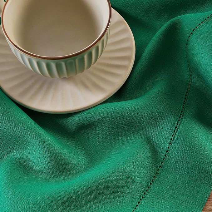 Solino Home Linen Emerald Green Table Runner 72 Inches Long - 100% Pure Linen Hemstitch Table Runner 14 x 72 Inch for Dresser, Dining, Christmas - Classic Hemstitch