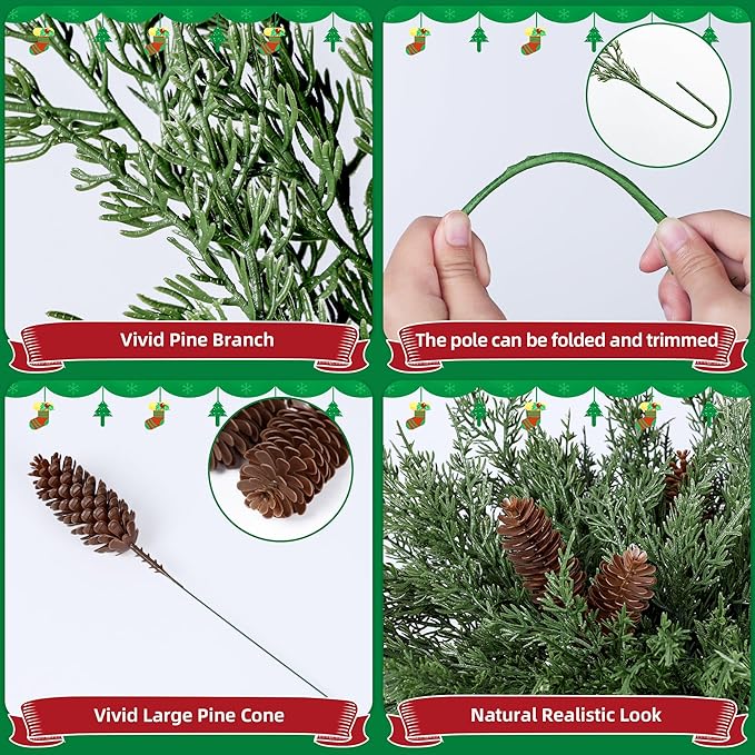 Artificial Pine Branches, 12 Cedar Stems and 5 Pinecone Stems, Plastic
