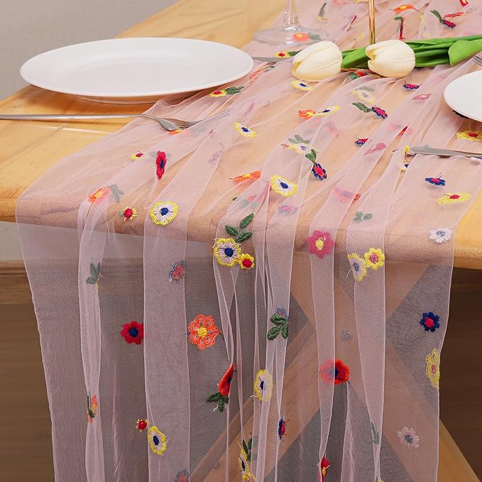 BINBE 1pcs Pink Daisy Fall Table Runner Embroidery Gauze 10FT Florals Seasonal Tulle Holiday Birthday Kitchen Dining Table Decor for Home Party