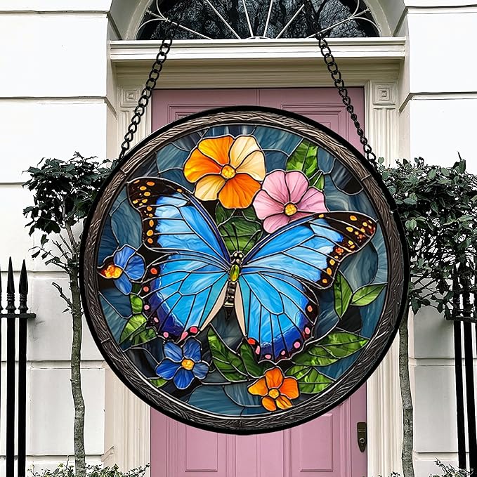 Stained Glass Window Hanging, Blue Butterfly Flower Suncatcher for Doors Home Sun Catchers Decoration and Christmas, Mother's Day Birthday Gifts for Women, Men, and Mom 6.3x6.3 in