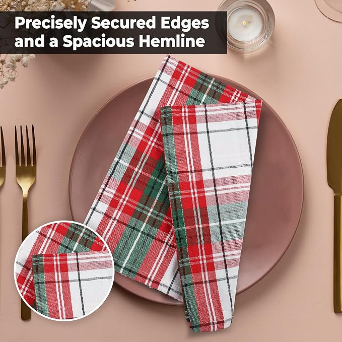 Cloth Napkins Set of 12, Christmas Checks Square 100% Cotton 20x20 Inch