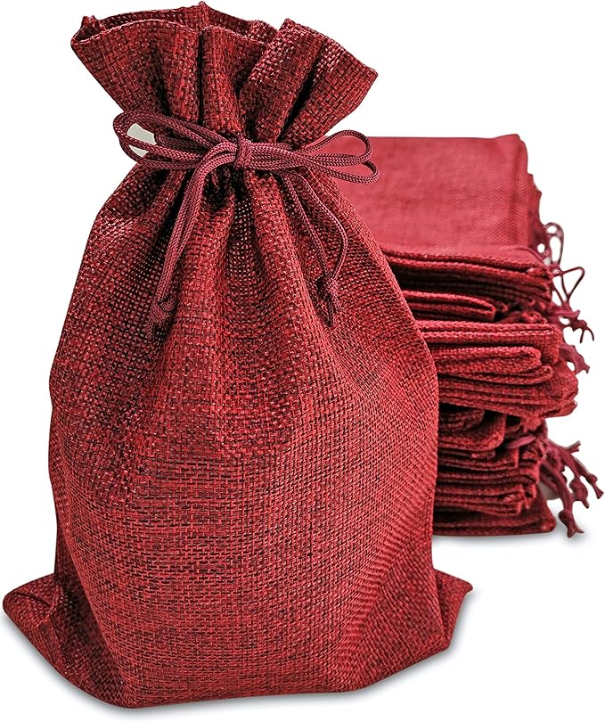 Gift Bags 7x10 Inch Red Burlap with Jute Drawstring, Pack of 50