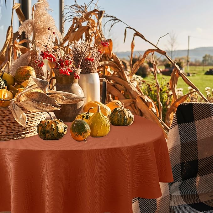 Biscaynebay Fall Tablecloth Textured Fabric Round Tablecloths 70", Rust Thanksgiving Autumn Harvest Water Resistant Fabric Tablecloths for Kitchen, Dining, Wedding, Parties Machine Washable