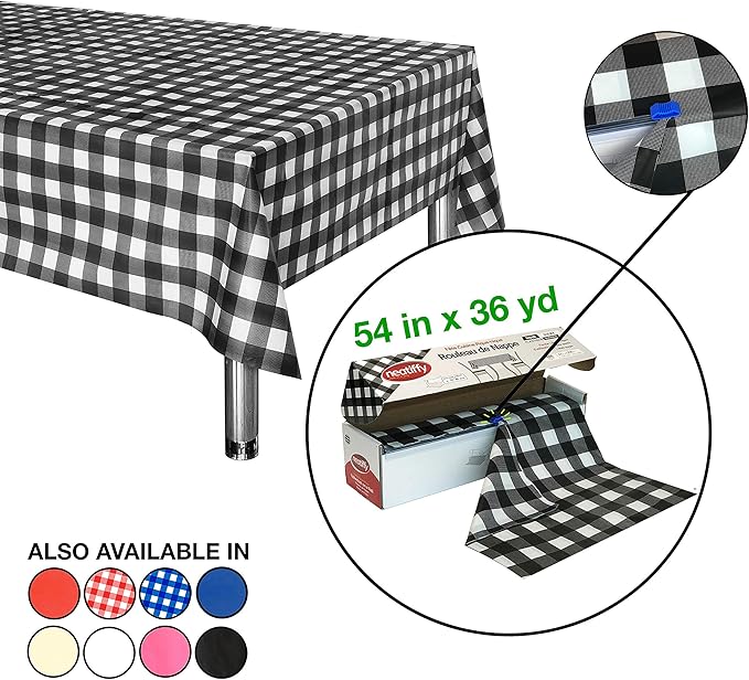 Tablecover Roll, Black Checkered Plastic, 54 x 1296 Inch with Slide Cutter