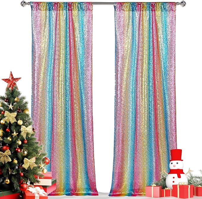 Backdrop Curtain, Rainbow Sequin Mesh, 2 x 8 FT, Pack of 2