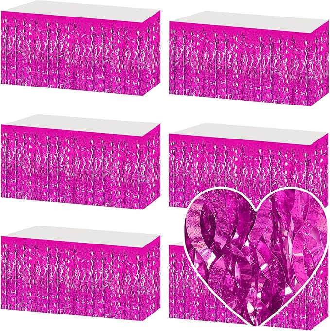6 Pack 29x108 Inch Rose Red Wave Foil Fringe Table Skirts Metallic Banner for Tinsel Streamer Garland Backdrop for Parade Floats Mother's, Graduate, Mardi Gras, Birthday, Wedding Party Decorations