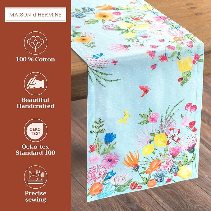 Maison d' Hermine Table Runner 100% Cotton Single Layer Table Runners 108 inches Long Decorative for Home Kitchen Dining Party Wedding Bridal Shower Spring Summer (Jardin D'Ete - Mint, 14.50" x 108")