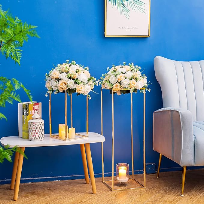 Gold Metal Flower Vase Stand, 31.5-Inch Square Centerpiece Holder