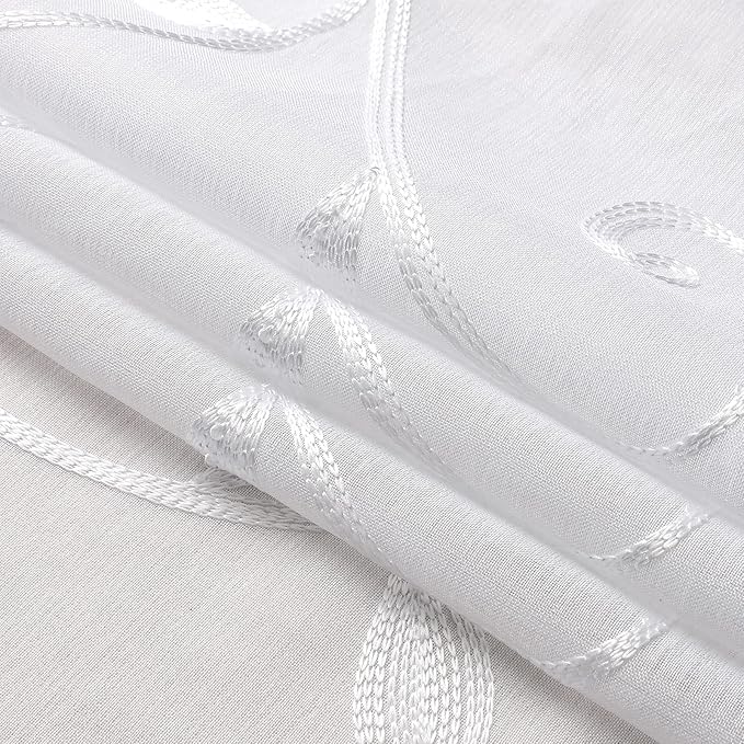 VISIONTEX White Leaves Sheer Voile Curtains, Decorative Embroidery Rod Pocket Window Drapes for Home Living Room and Bedroom 54 x 95 Inch, Set of 2 Curtain Panels