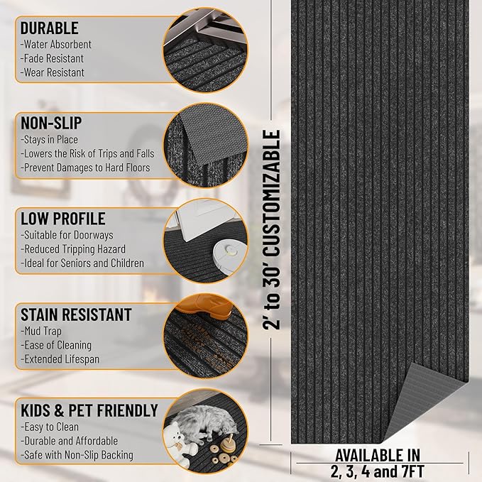 Ottomanson 2'7" x 49' Hallway Runner with Scraper Pile - Extra Durable Non-Slip Rug Mat for Indoor & Outdoor Use - Ideal for Kitchen, Entryway & Garage - High-Traffic Carpet, Black