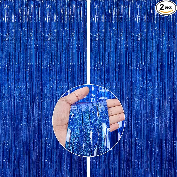 PartyWoo 2 pcs Royal Blue Foil Fringe Curtain, Metallic Foil Tinsel Fringe Backdrop Door Fringe for Birthday Wedding Party Photo Backdrop, Blue Streamers Party Decorations