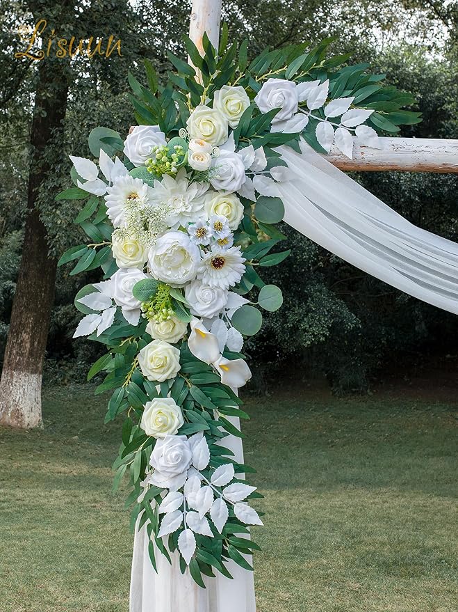 Artificial Flowers Wedding Arch Swag, Ivory White Silk Peony and Rose, 40 Inch