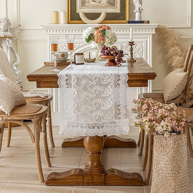 White Elegant Vintage Lace Table Runners,Wedding Lace Decor with Floral Embroidery,Tea Party Decor (White, 13.8X94.5 Inches)