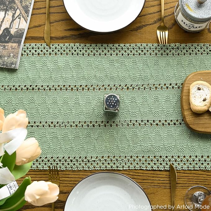 Artoid Mode Light Green Farmhouse Woven Rustic Hollow Table Runner, Seasonal Holiday Hollow Kitchen Dining Table Decoration for Home Party Decor 12x48 Inch