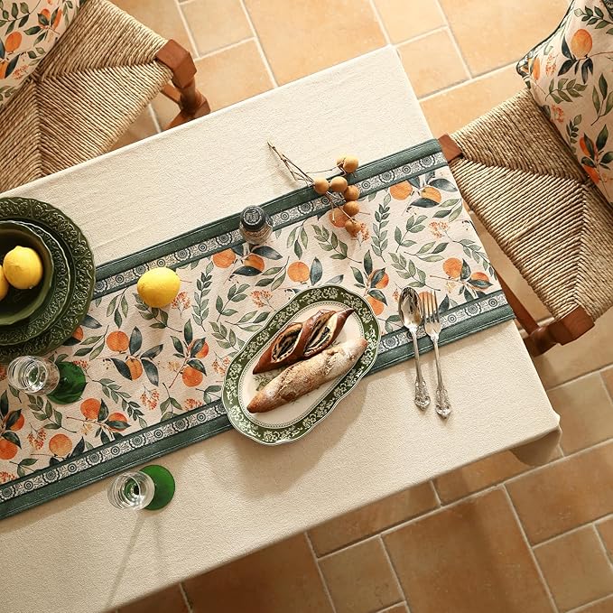 patdrea Designer Vintage Fresh Farmhouse Linen Table Runner 102 Inch Long, Green and Orange Pattern Table Mat, Decor for Kitchen Dining Table Coffee Table Shelf Cabinet Banquet Christmas ,12"*102"
