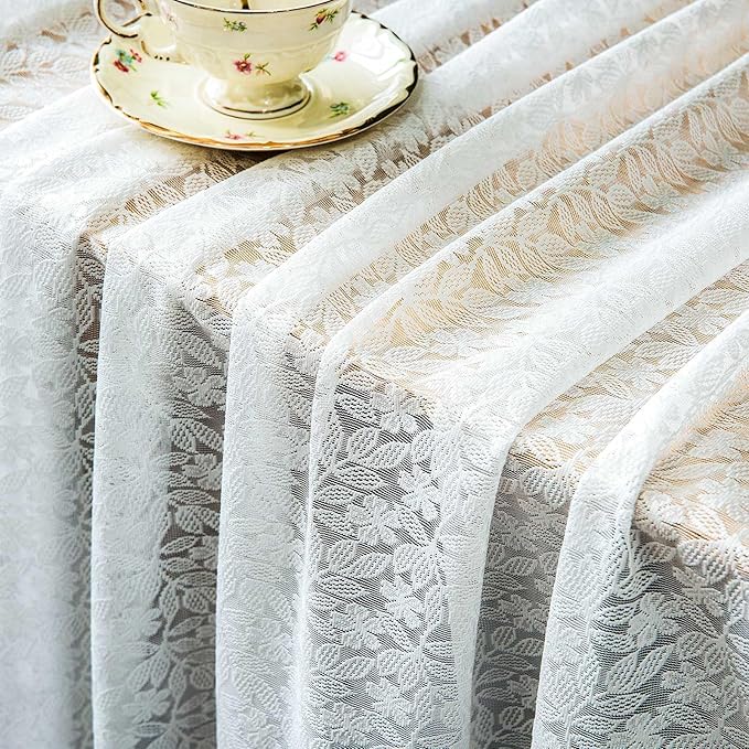 Lace Tablecloth Leaf Pattern Warp Knitting Fabric Solid White Rectangle/Oblong Table Cover for Kitchen Dining Farmhouse Wedding Party Decor Ivory, 52x70 Inch