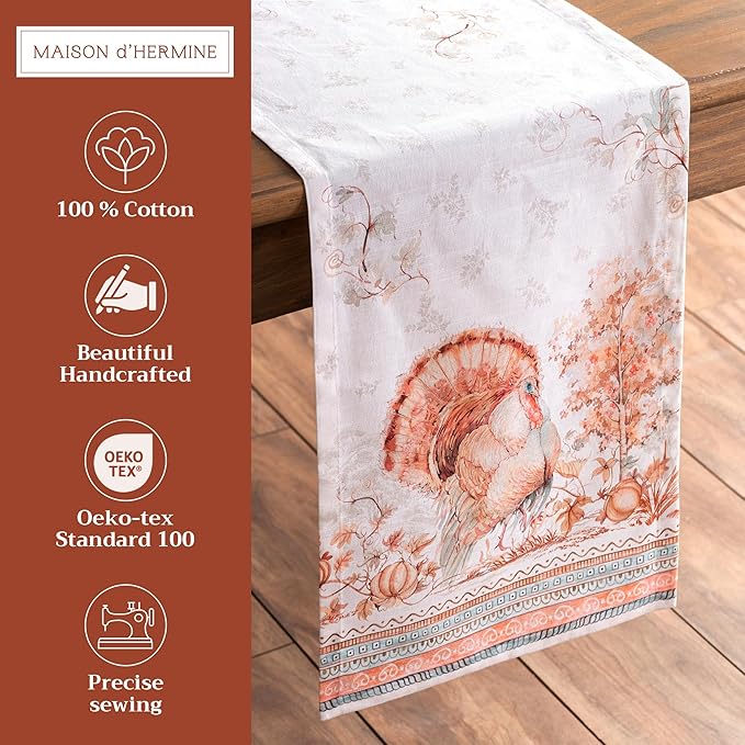 Maison d' Hermine Table Runner 100% Cotton Single Layer Table Runners 108 inches Long for Thanksgiving Christmas Decorations Home Kitchen Dining Party Wedding (Giving Thanks, 14.5" x 108")