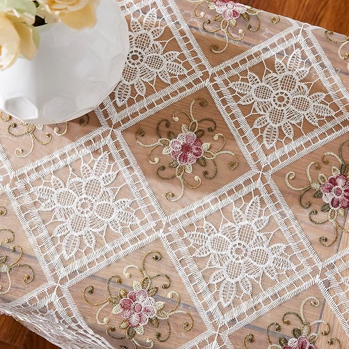 Warm Home Designs White Lace Table Runner. Embroidered with Intricate Flower Design. Can Be Used As Dresser Scarf or Dining Table Runner. VTR White 48