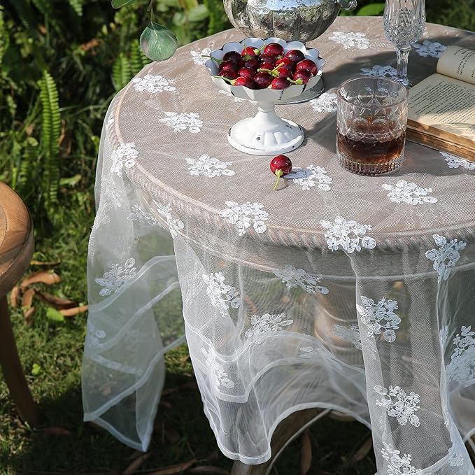 patdrea Designer White Lace Elegant Tablecloth for Rectangle Tables,Vintage Tulle French Romantic Knitted Embroidered Overlay Tablecloths Decor for Kitchen Wedding Banquet,59"*75"