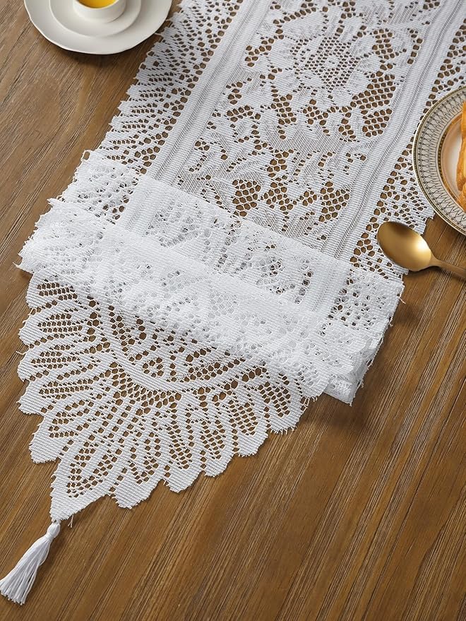 Jayla White Lace Table Runners, Elegant Vintage Lace Table Runner, Wedding Lace Decor with Floral Embroidery,Tea Party Decor, 13x36 Inch