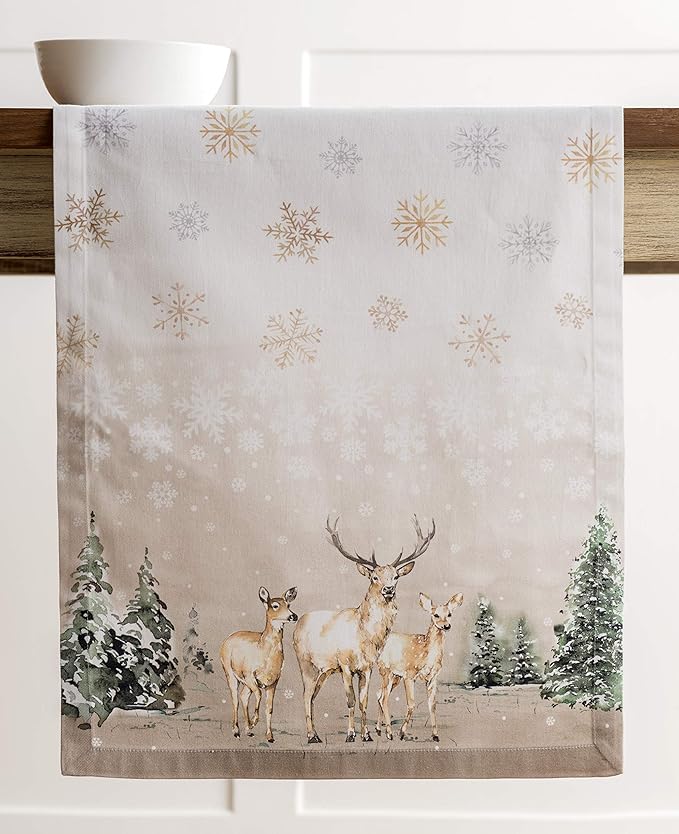 Maison d' Hermine Table Runner 100% Cotton Single Layer Table Runners 108 inches Long for Thanksgiving Christmas Decorations Home Kitchen Dining Party Wedding (Deer in The Woods, 14.5" x 108")