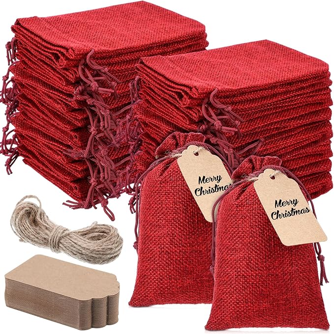 Gift Bags, 100 Burgundy Burlap Drawstring Pouches with Kraft Tags