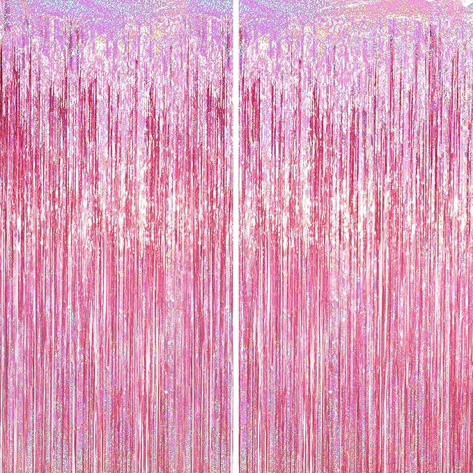 2 Pack Laser Pink Tinsel Foil Fringe Curtains, Mothers Day Pink Decorations, Metallic Tinsel Party Streamers Backdrop for Birthday Bachelorette Graduation Wedding Party Decorations