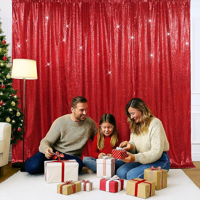 SquarePie Sequin Backdrop Less Transparent Background Sparkly Curtain for Wedding Christmas Party 6FT x 8FT Red