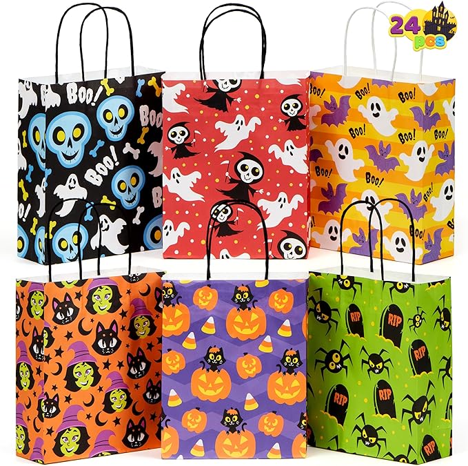 Gift Bags: 24 Count Halloween Paper Treat Bags with Handles, 6 Designs