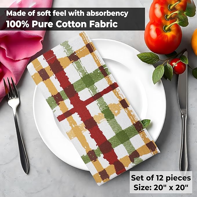 Cloth Napkins Set, Fall Plaid Cotton Dinner Napkins, 20x20 Inch Rectangular
