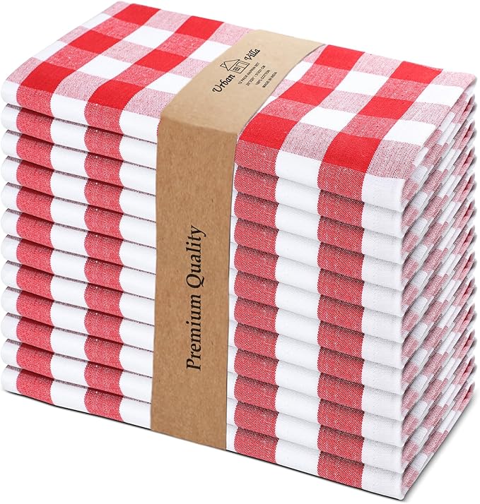 Cloth Dinner Napkins Set of 12, Square Red and White Checkered 100% Cotton