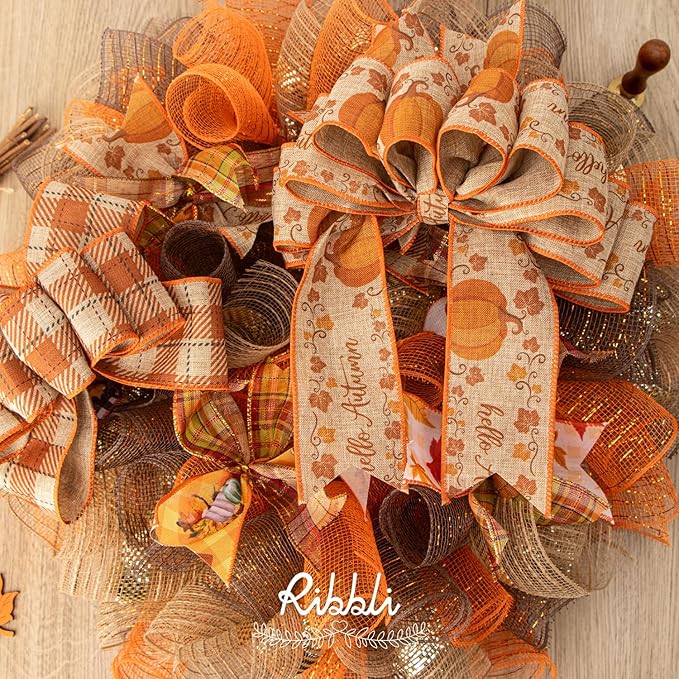 Ribbli 2 Rolls Orange Mesh Ribbon,10 inch x 30 feet(10Yard) Each Roll,Metallic Orange with Gold Foil,Use for Wreath Swags and Decorating