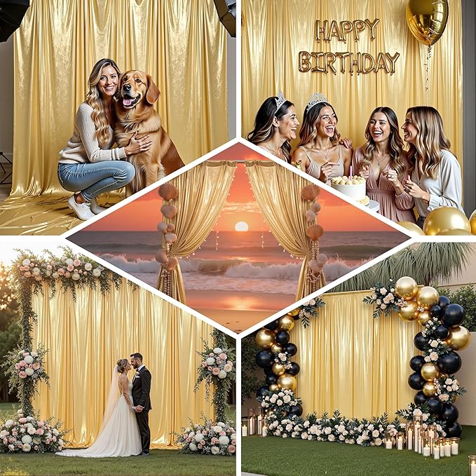 Gold Sequin Backdrop Drape, 10 Panels 5 x 10 ft, Wrinkle-Free Polyester