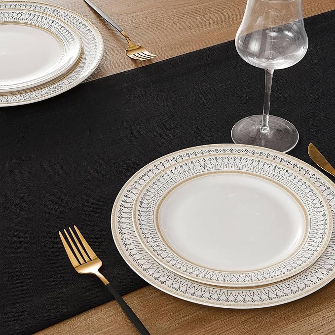 ZeeMart Linen Textured Border Table Runner, 14 x 48 Inch Black, Farmhouse Style Black Table Runners 48 Inches Long, Easy Care Everyday Polyester Table Runner