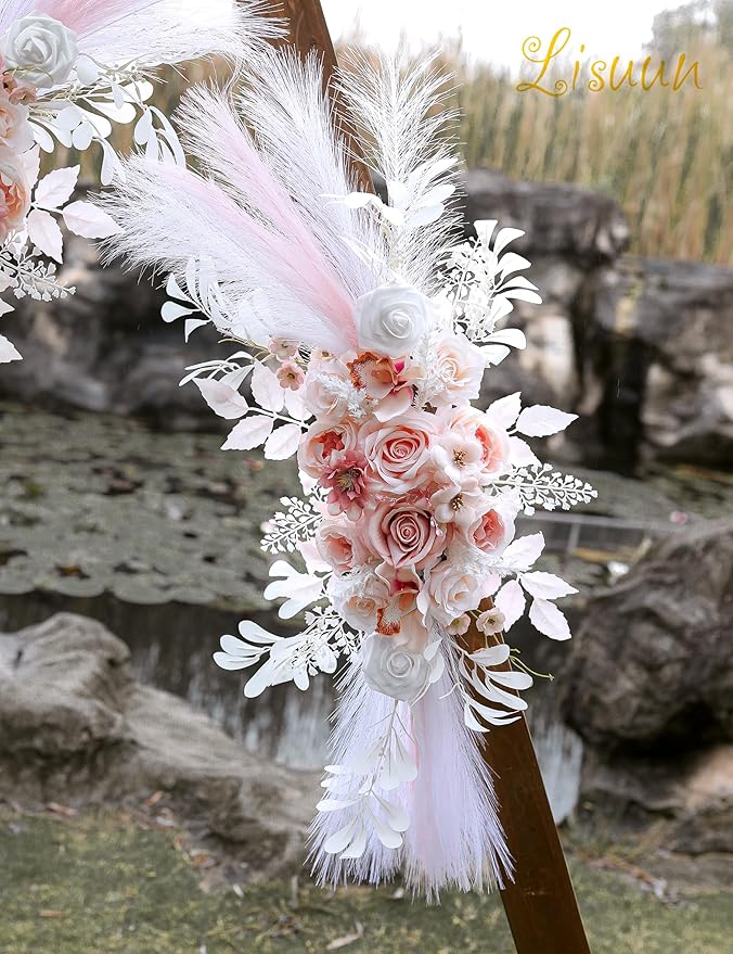 Artificial Flowers for Wedding Arch, Salmon Pink with Pampas Grass