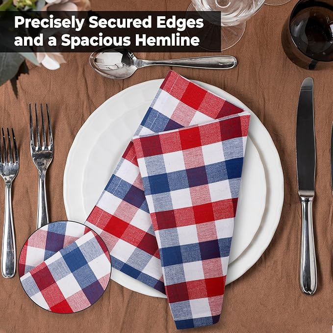 Cloth Napkins Checkered Red White Blue 100% Cotton 20x20 Inch